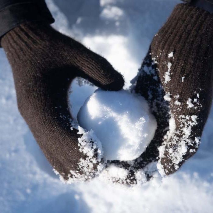 Dunkelbraune Fäustlinge halten Schneeball