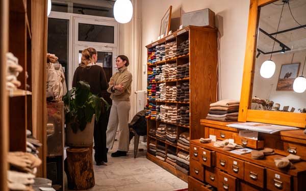 Two people are standing in a store.