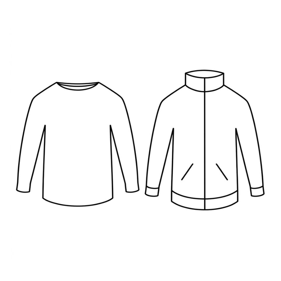 Grafiken eines Pullovers und einer Strickjacke in Schwarz auf Weiß