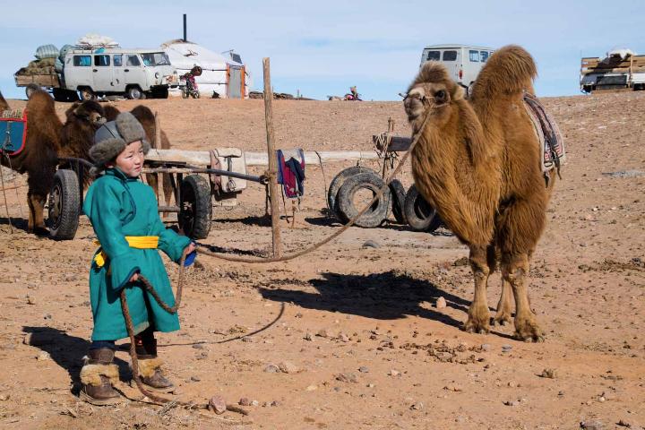 Ein kleiner Junge mit einem Kamel