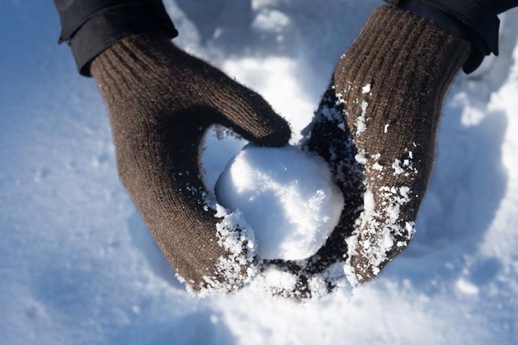 Braune Fäustlinge halten Schneeball